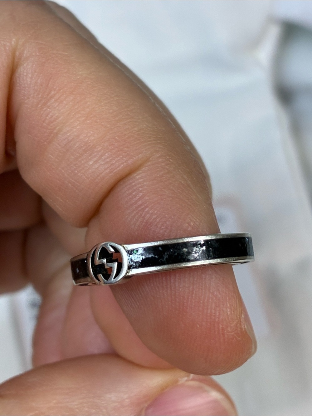 NWT Gucci Silver Metal & Black Enamel Interlocking GG Ring IT Size 13 = 6.75 US - Picture 3 of 8
